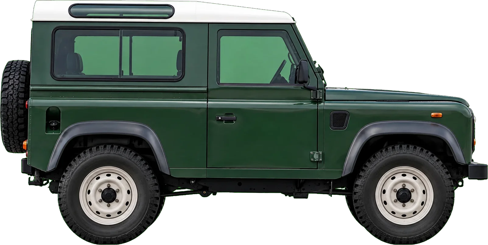 Land Rover Defender 90 vert Coniston à toit blanc, de profil